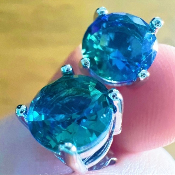 Blue Bicolor Tourmaline Round Stud Post Earrings 925 Sterling Silver 8mm New - Picture 2 of 9